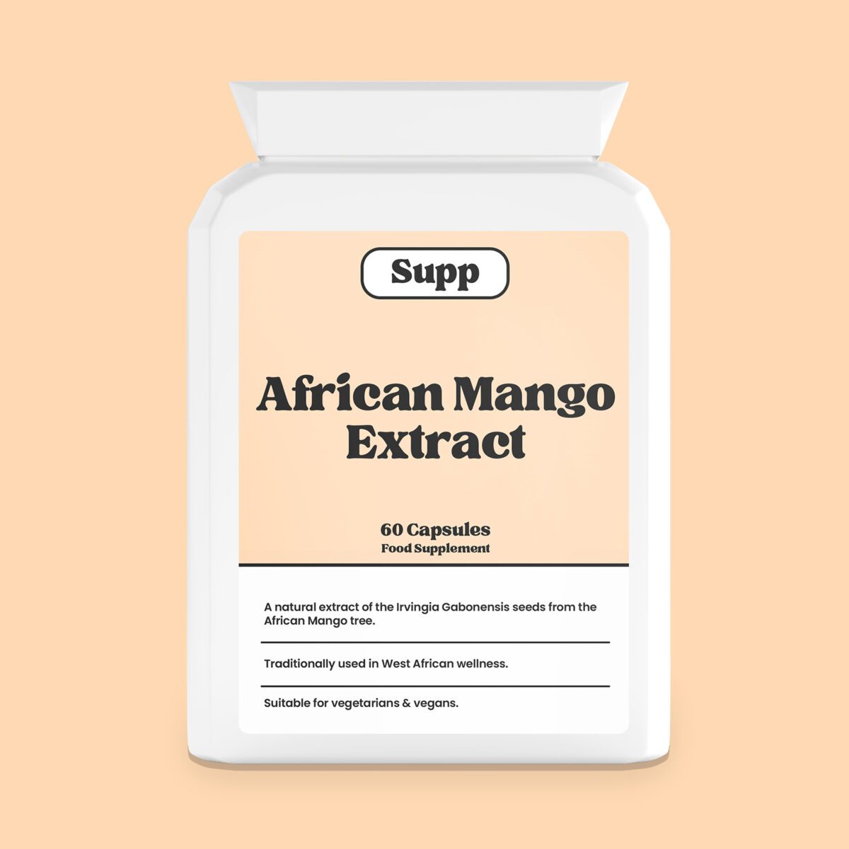 Supp African Mango Extract bottle facing the camera on a plain peach background.