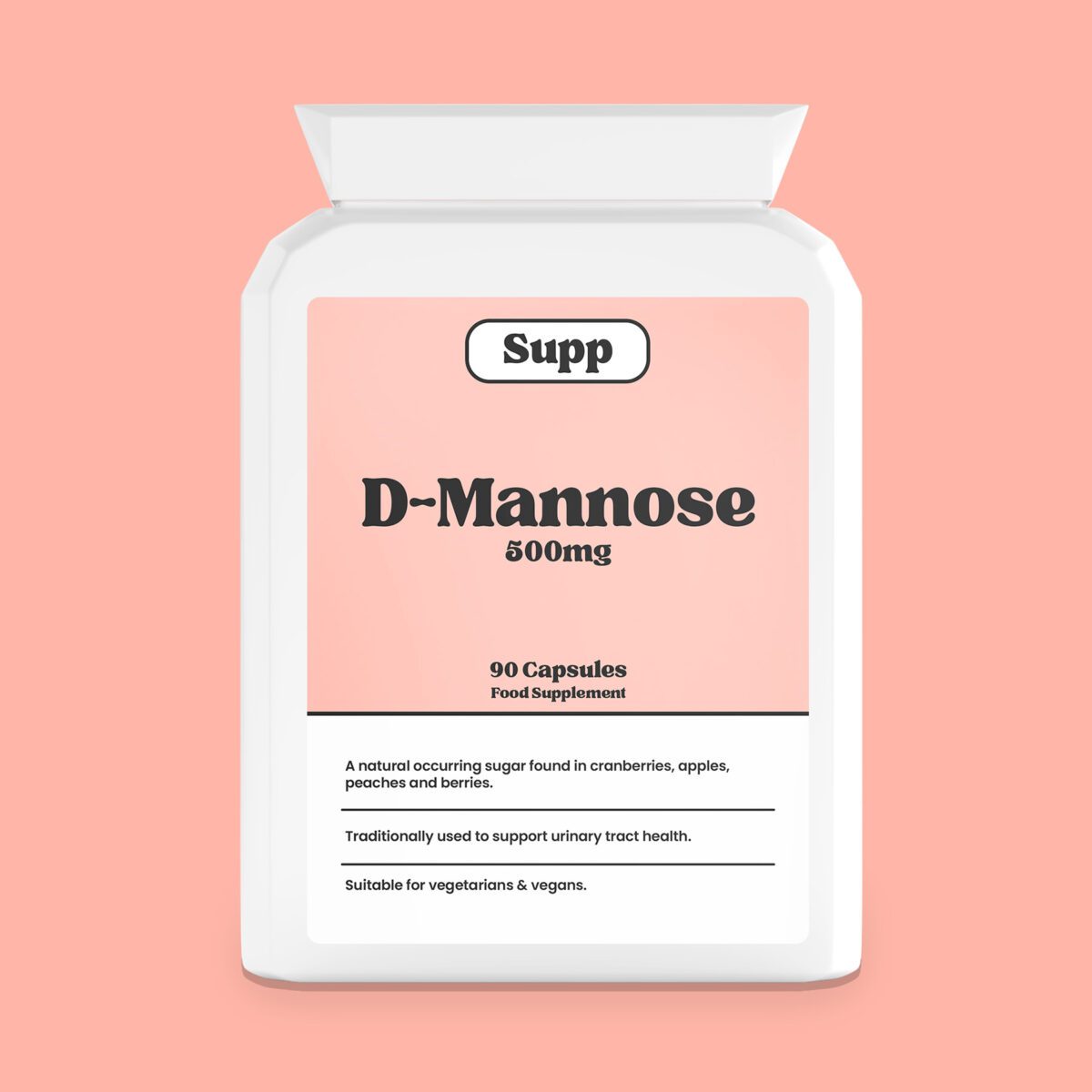Supp D-Mannose Bottle facing the camera, on a plain red background.