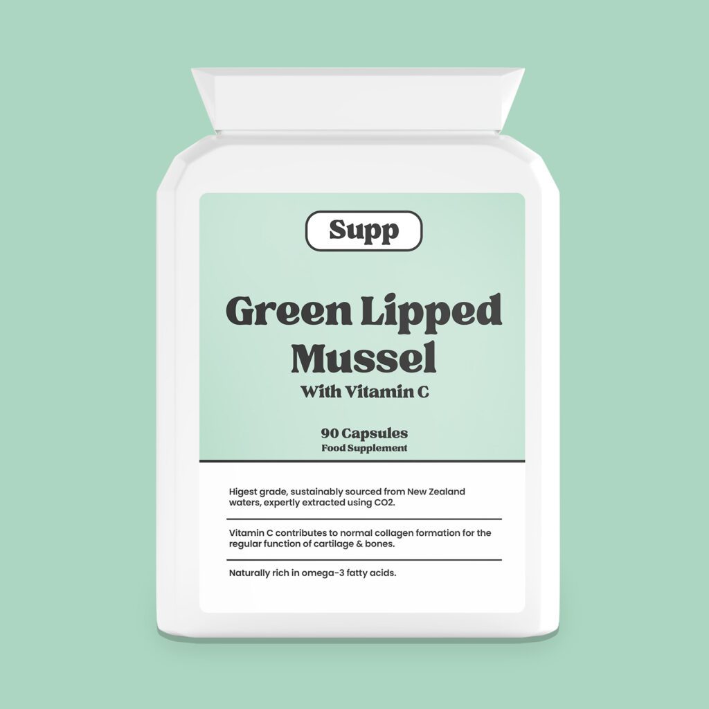 Supp Green Lipped Mussel product on a plain green background.