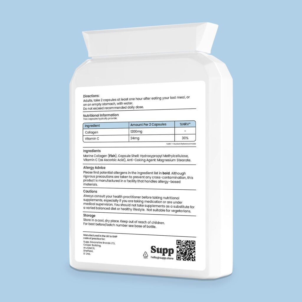 Back of a Supp Marine Collagen bottle showing the product details, ingredients and nutritional information.