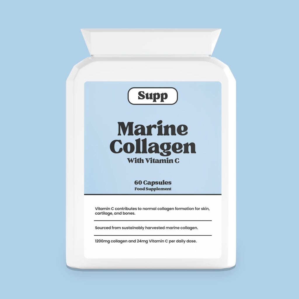 Supp Marine Collagen bottle facing the camera on a plain blue background.