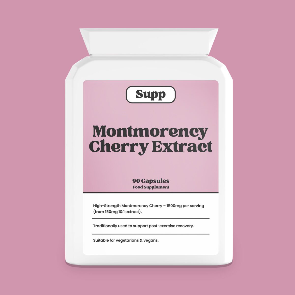 Supp Montmorency Cherry Extract facing the camera on a plain pink red background.