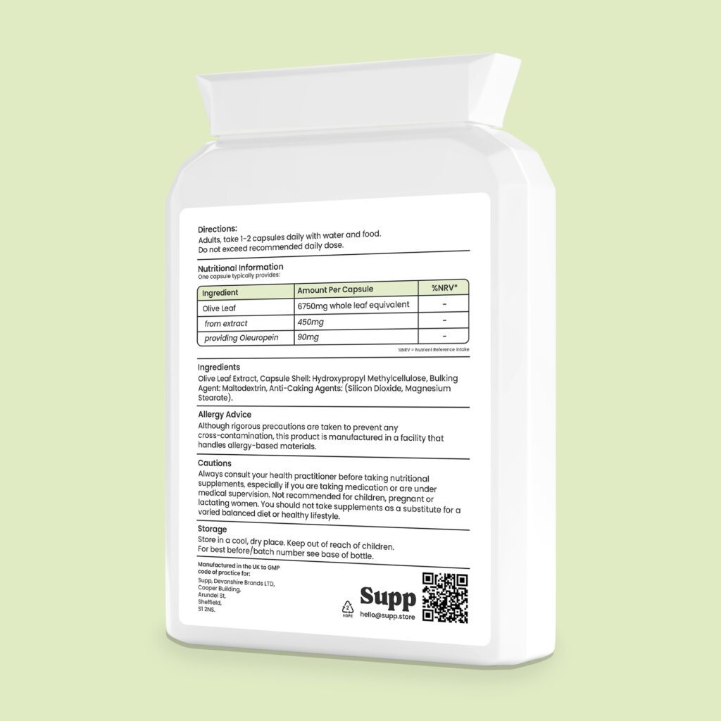Supp Olive Leaf Extract back of bottle is shown with product information on the label.