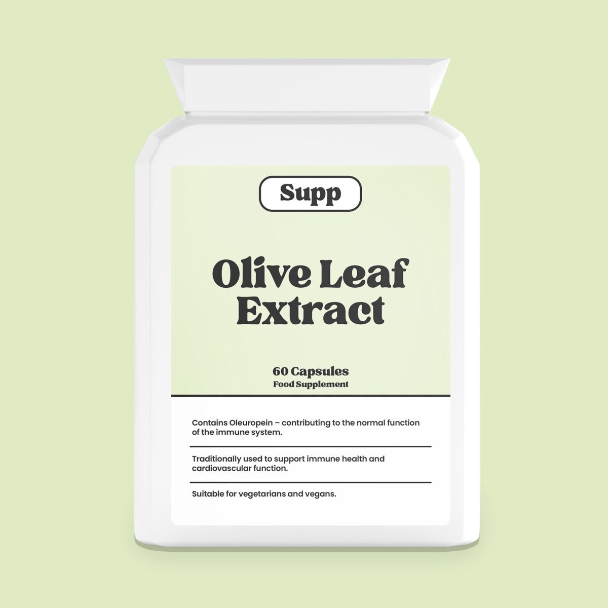 Supp Olive Leaf Extract bottle on a plain green background.