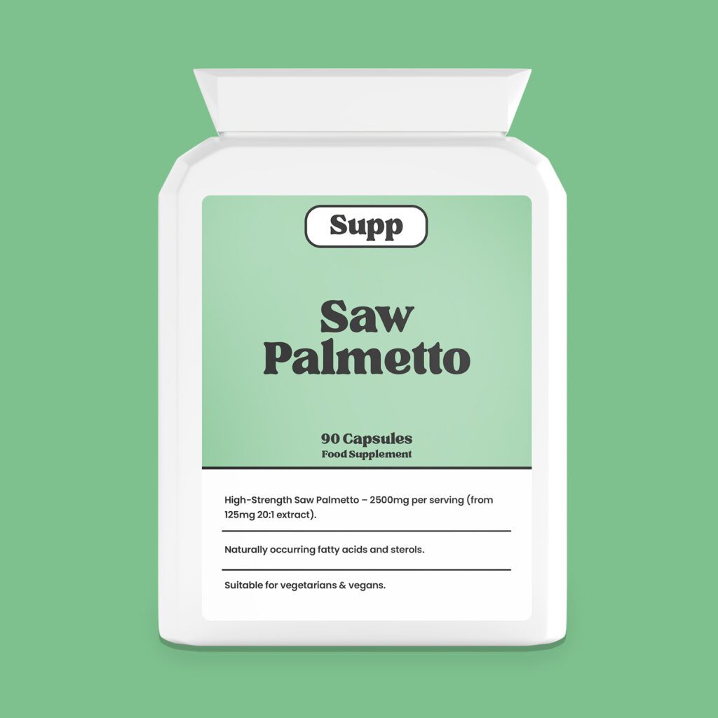 Front of Supp Saw Palmetto supplement bottle on a plain green background