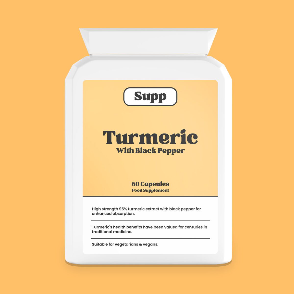 Bottle front label of Supp Turmeric With Black Pepper on plain orange background.