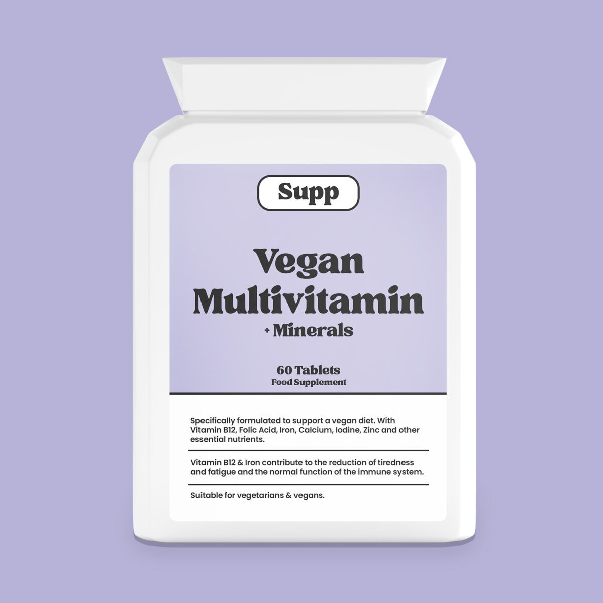 Supp Vegan Multivitamin bottle facing the camera on a plain purple background.