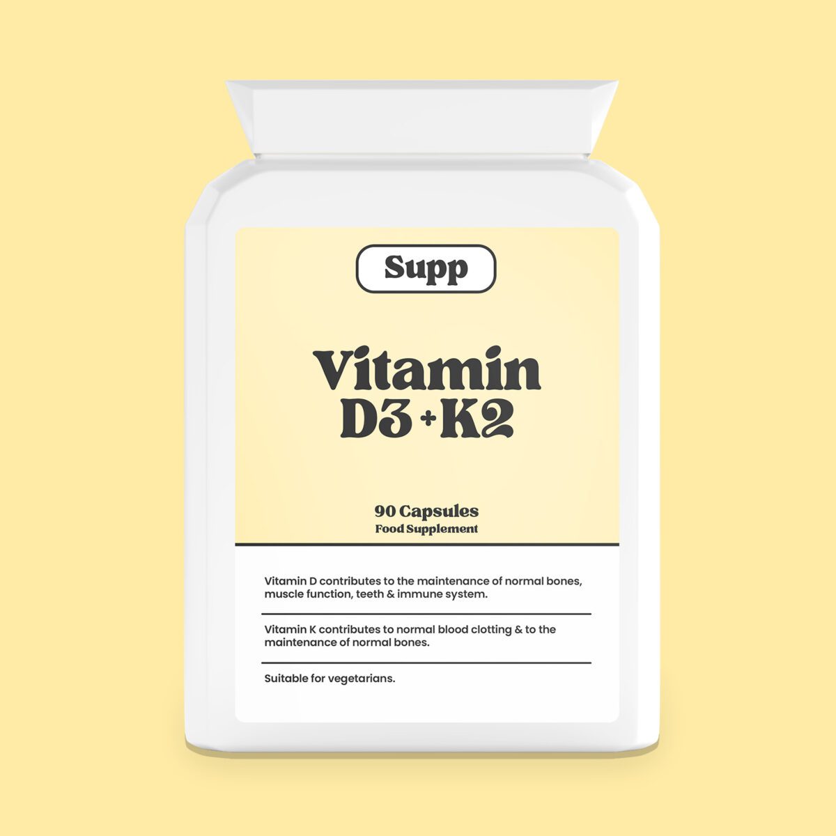 Supp Vitamin D3 and K2 bottle on a plain yellow background