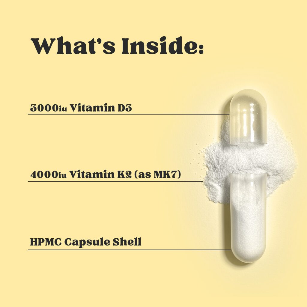 Vitamin D3 + K2 capsule split open with labelled amounts of D3, K2 and capsule shell.