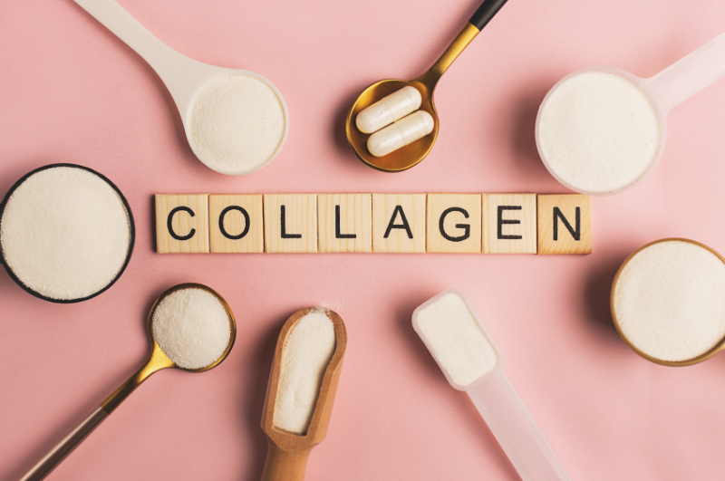 Pink background word collagen in scrabble tiles