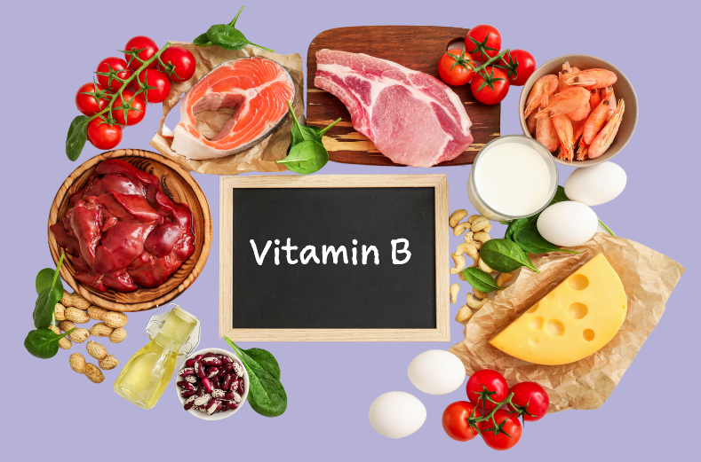 Vitamin B written on a blackboard surrounded by foods that contain B vitamins