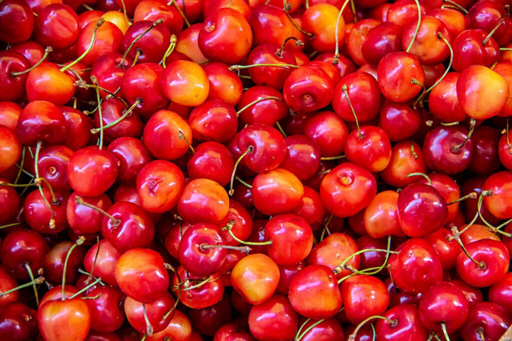 lots of bright red cherries fill the frame