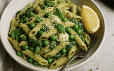 15 Minute Creamy Pesto, Lemon and Greens Pasta