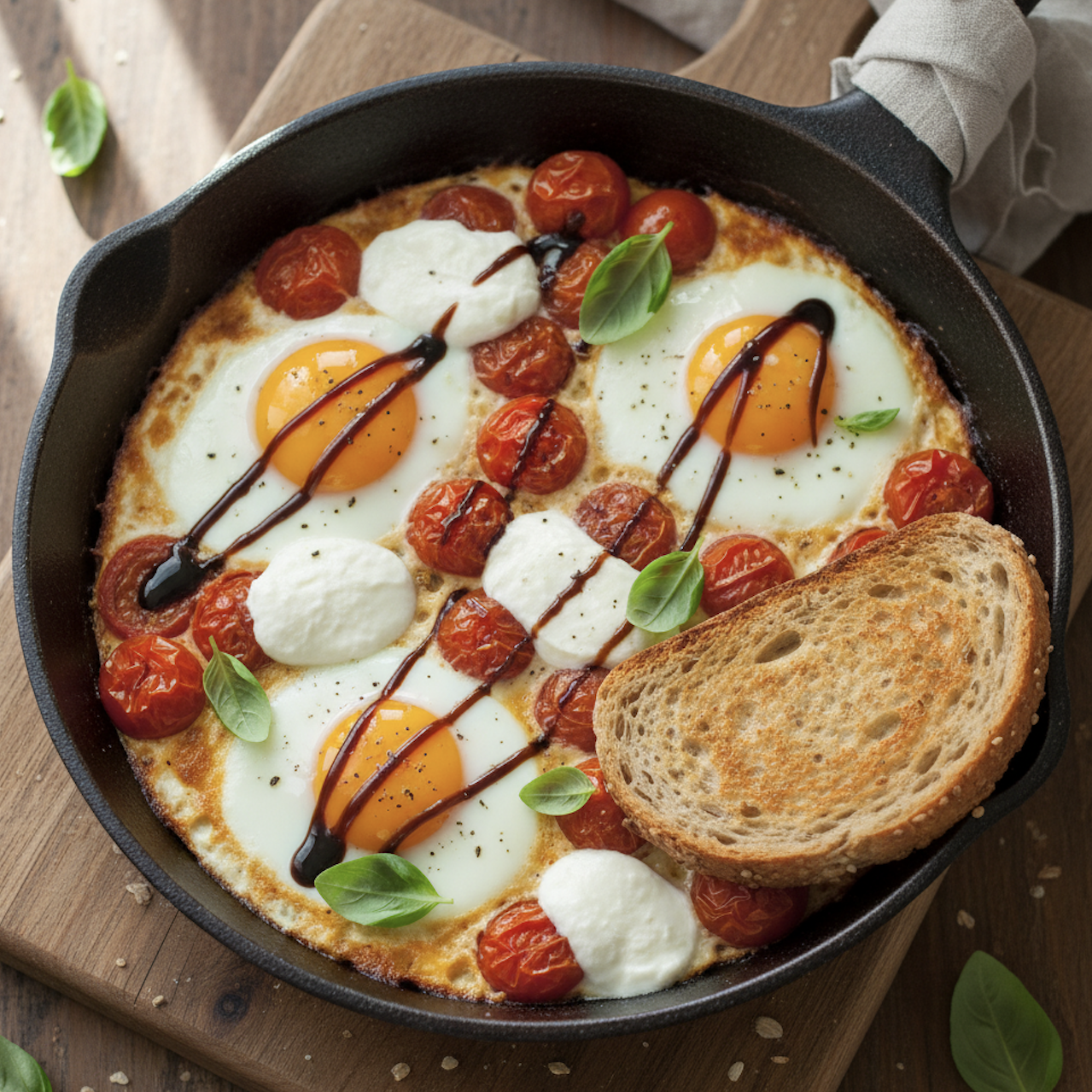 A rustic ovenproof skillet with four eggs nestled in roasted cherry tomatoes, melted torn mozzarella, fresh basil leaves scattered.