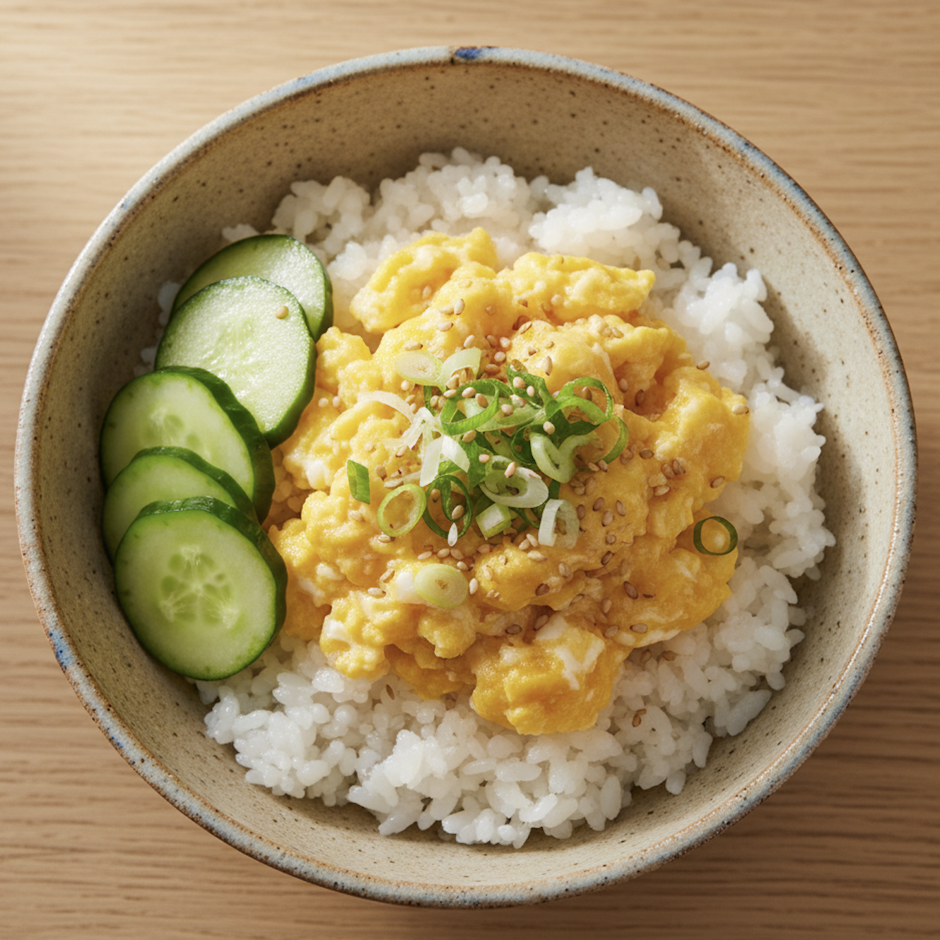 warm white short-grain rice topped with fluffy golden scrambled tamago