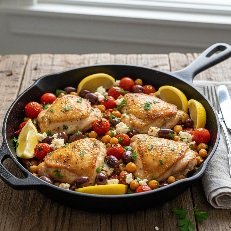 One pan greek chicken thighs with chickpeas, olives and feta.