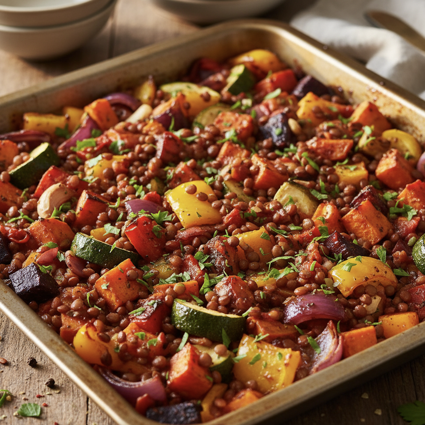 Single roasting tray of colourful roasted vegetables and brown lentils.