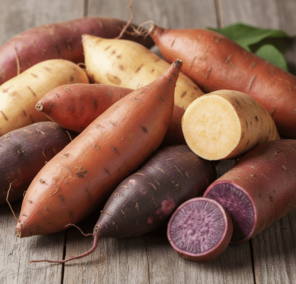 A variety of sweet potatoes including orange, purple and yellow ones.