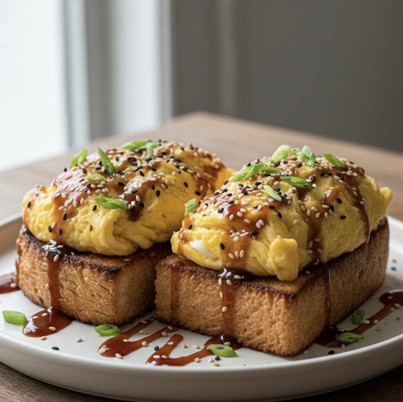 Two slices of golden toast topped with a fluffy folded Japanese-style omelette, drizzled with a dark sesame-soy sauce, sprinkled with toasted sesame seeds.