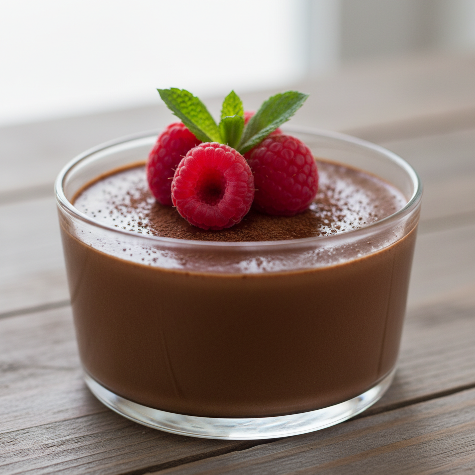 A velvety vegan chocolate mousse served in a small glass ramekin.
