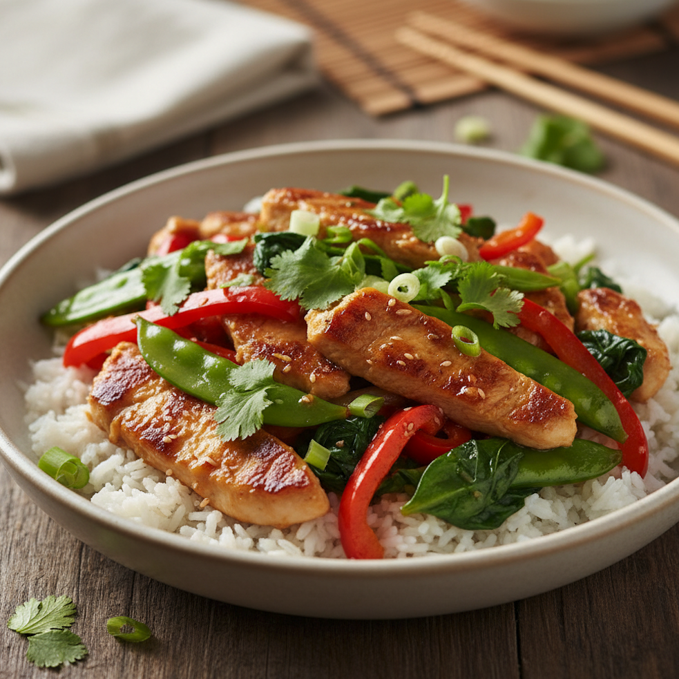 A bowl of chicken stir fry with rice.
