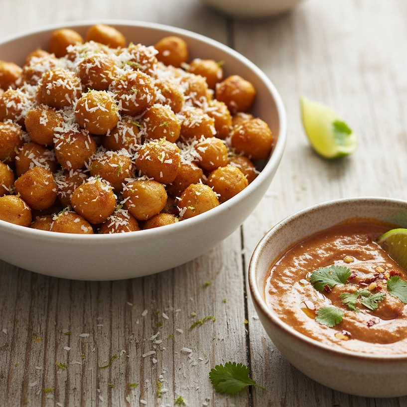 A bowl of crispy chickpeas with a delicious dip.