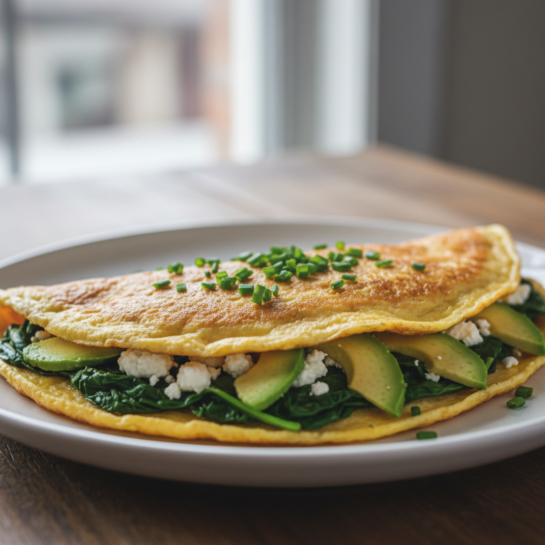A folded omelette on a white plate, filled with wilted spinach, crumbled feta and sliced avocado, garnished with chopped chives.