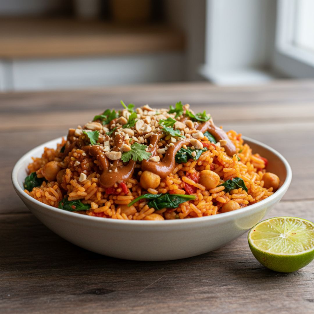 Warm jollof rice studded with chickpeas, wilted spinach and chopped red pepper, drizzled with a glossy peanut sauce, sprinkled with chopped roasted peanuts and coriander.