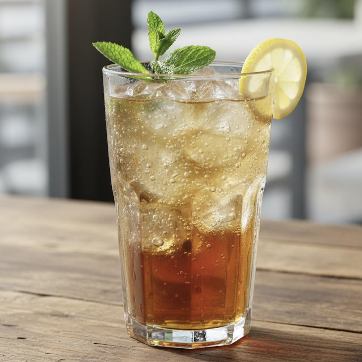 Tall glass of golden lemon tea spritz filled with ice, a thin lemon wheel on the rim and a sprig of mint.