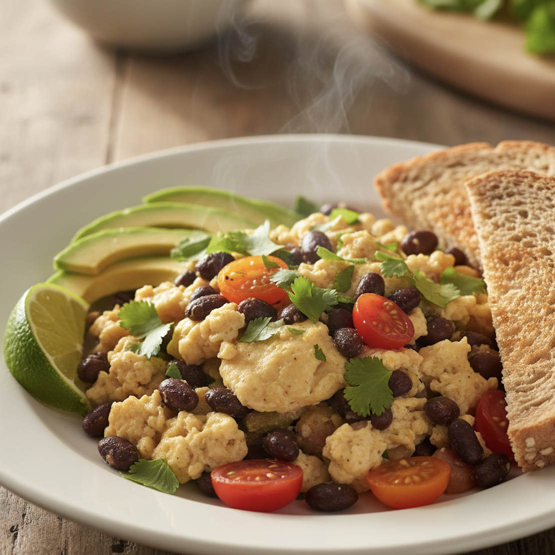 A portion of smoky Mexican breakfast scramble on a shallow white plate.