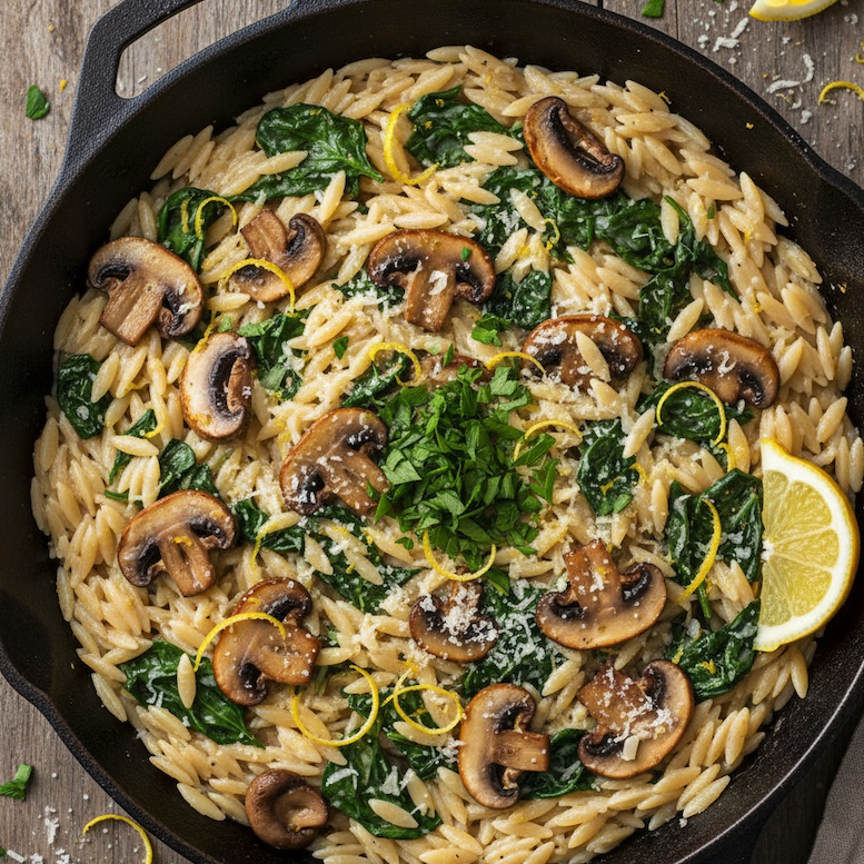 A skillet filled with creamy orzo pasta, sautéed mushrooms, spinach, and lemon zest, garnished with fresh parsley and parmesan.