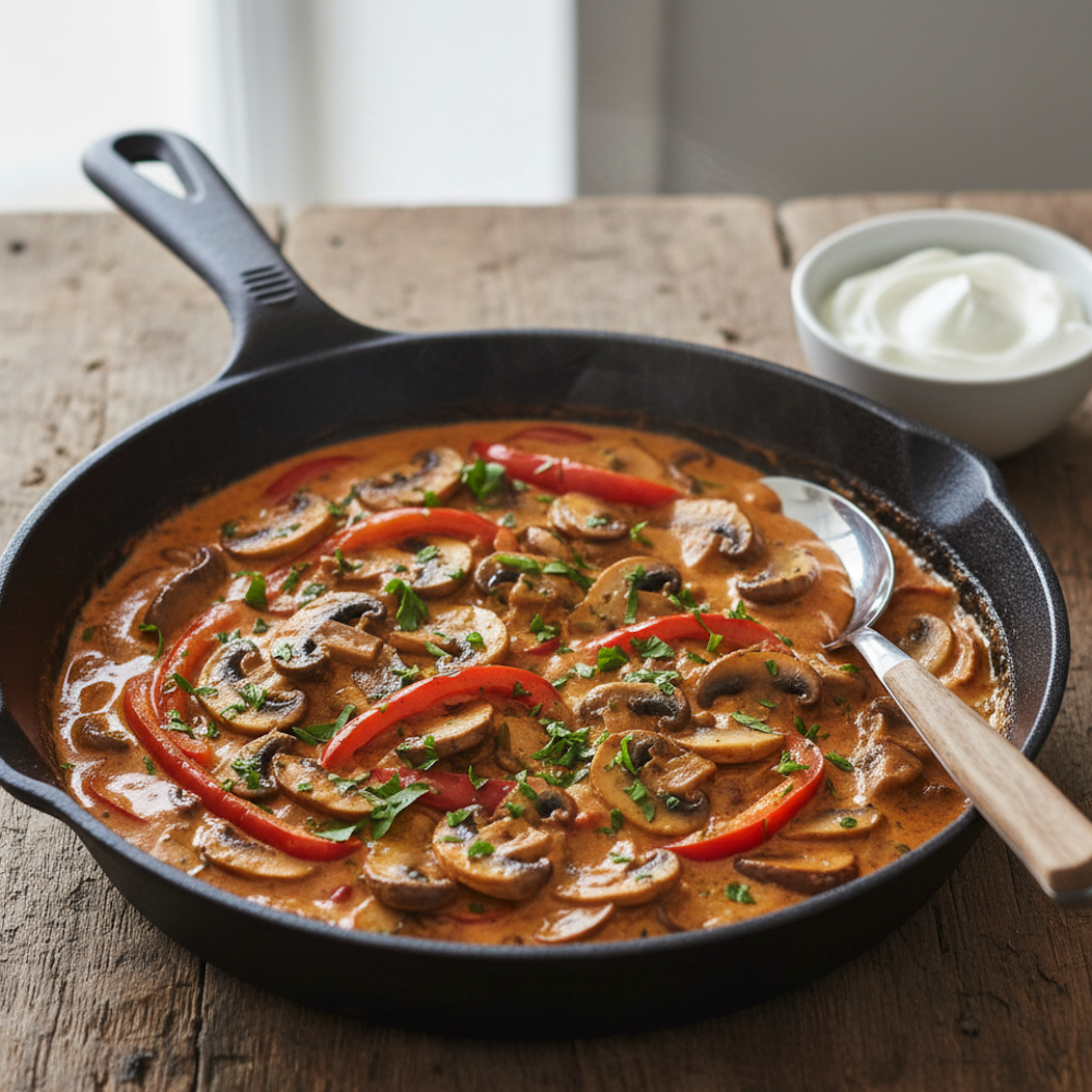 Close-up of a one-pan mushroom paprikash in a shallow black skillet on a rustic wood table.