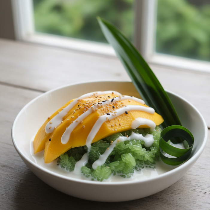 a shallow white bowl of glossy pandan-scented sticky rice soaked in coconut milk, topped with sliced ripe mango.