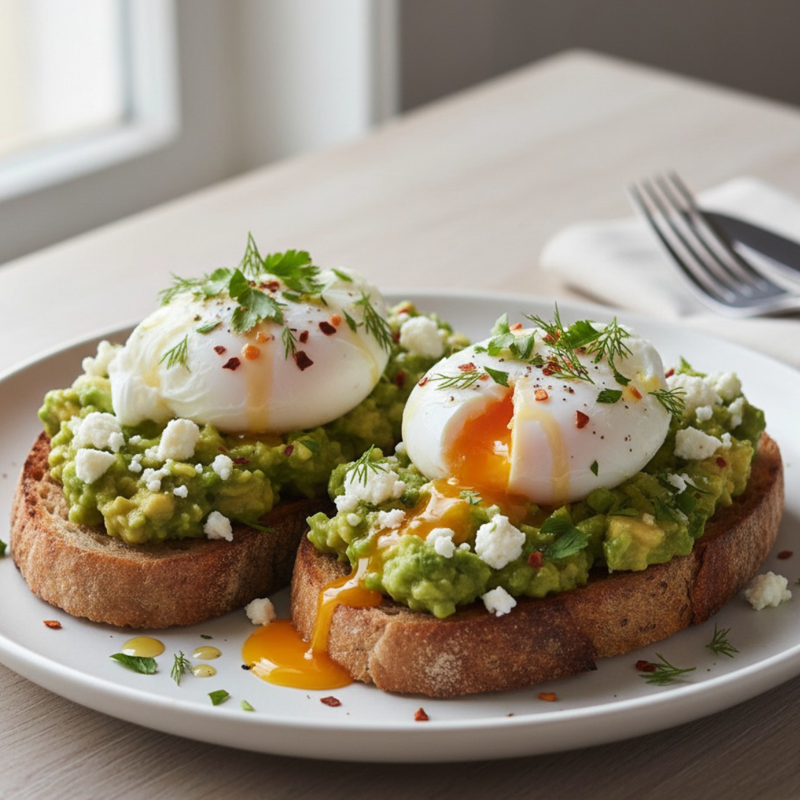Two slices of toasted bread topped with mashed avocado, crumbled feta, and poached eggs with runny yolks, garnished with fresh herbs and chilli flakes, served on a white plate.