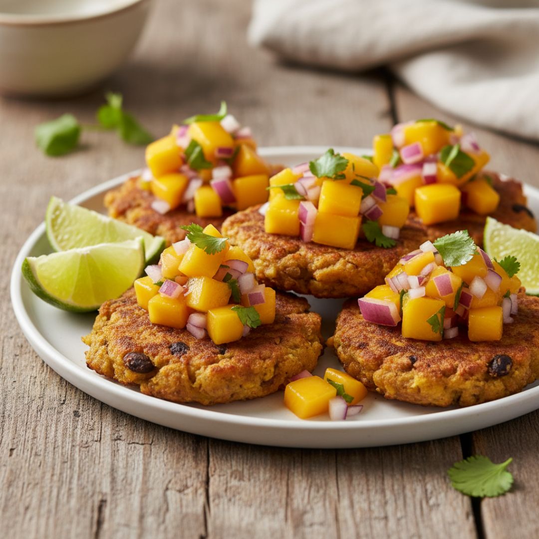 Golden-brown plantain and black bean patties arranged on a white plate, topped with bright diced mango salsa, coriander leaves and lime wedges on a rustic wooden table.