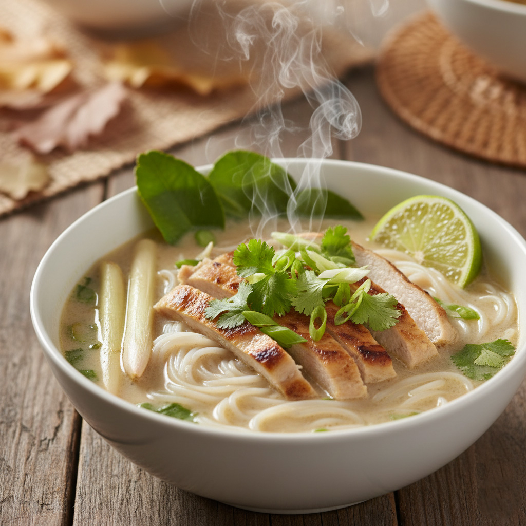 A steaming bowl of lemongrass chicken noodle soup.