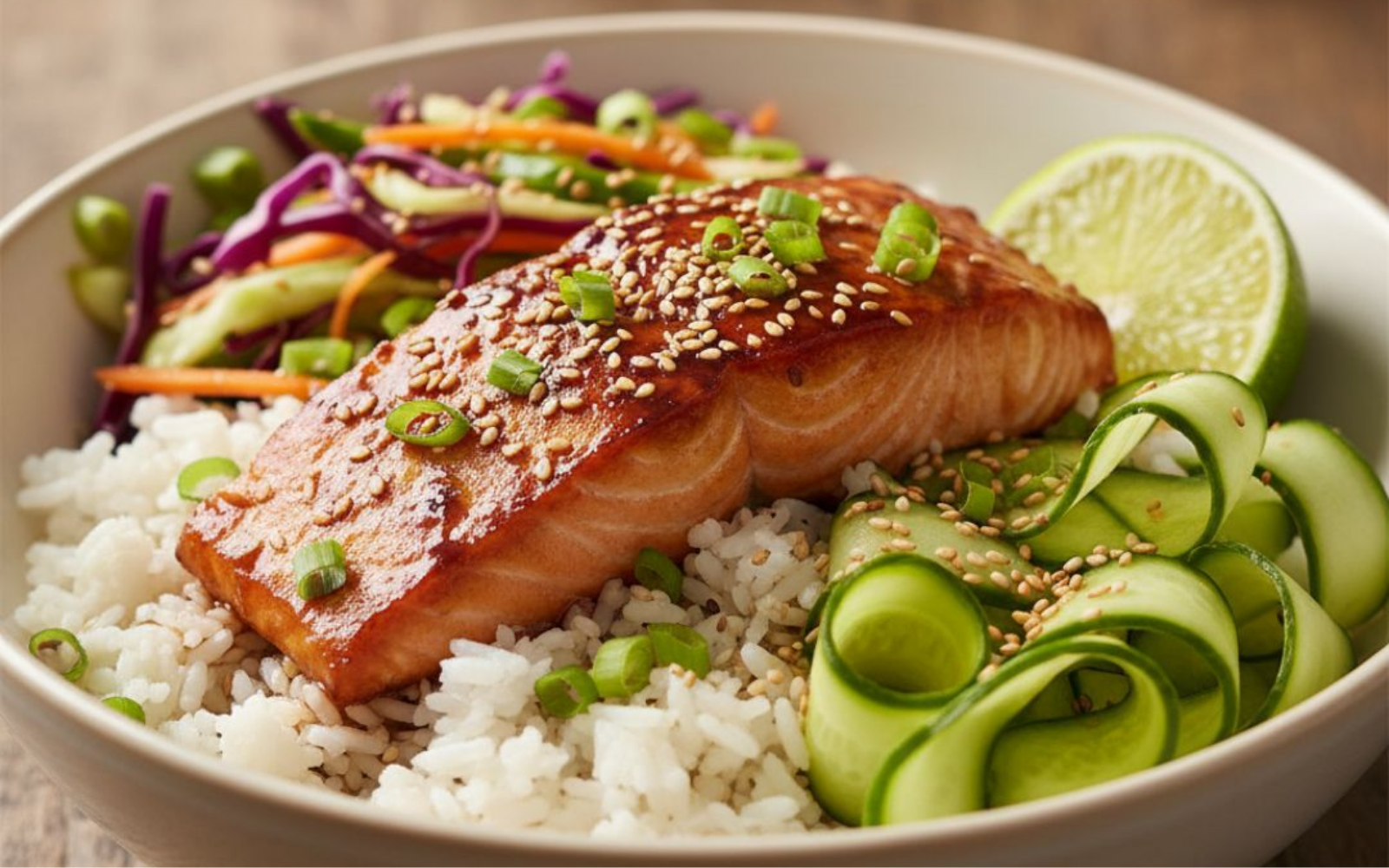 Glossy miso-ginger glazed salmon fillet on a mound of white short-grain rice, shredded cabbage and carrot slaw, cucumber ribbons.