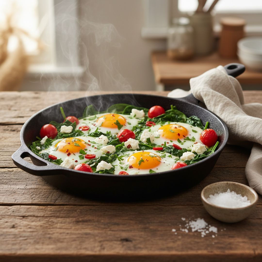 A shallow ovenproof frying pan of baked eggs on a rustic wooden table. Eggs with just-set whites and glossy yolks sit on wilted bright green spinach, halved cherry tomatoes and crumbled white feta, sprinkled with chopped parsley and chilli flakes.