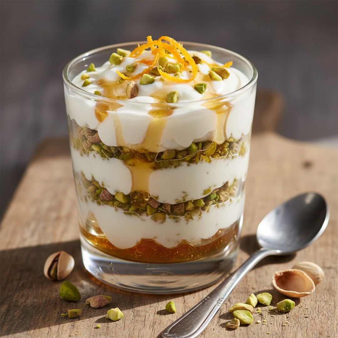 Thick creamy Greek yoghurt layered with golden honey, finely chopped green pistachios, bright orange zest on top, set on a wooden board with a spoon.