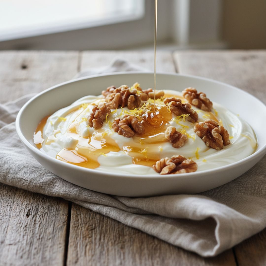 A white shallow bowl of creamy Greek yoghurt drizzled with golden honey, scattered toasted walnut halves and fine lemon zest.