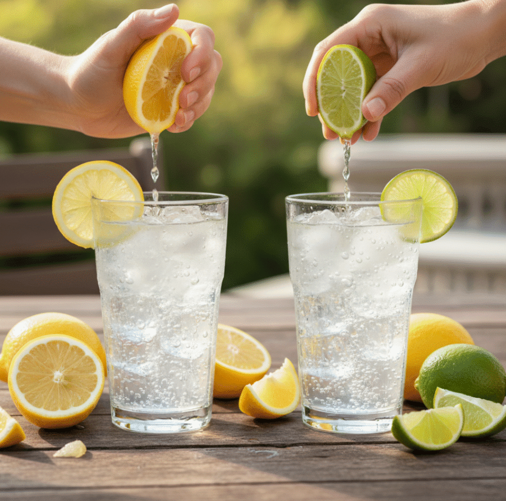 Two people squeezing fresh lemon and lime juice into glasses of sparkling water on an outdoor table, surrounded by sliced citrus fruits.