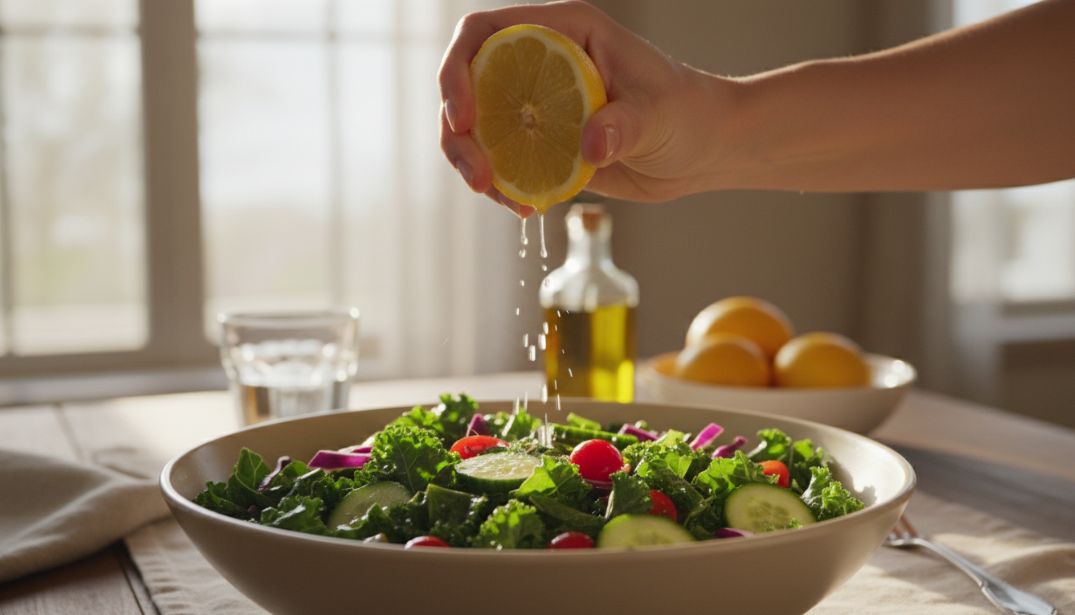 Lemon squeeze over salad Hand squeezing fresh lemon juice over a vibrant salad including lettuce, cucumber, and cherry tomatoes on a sunlit kitchen table.