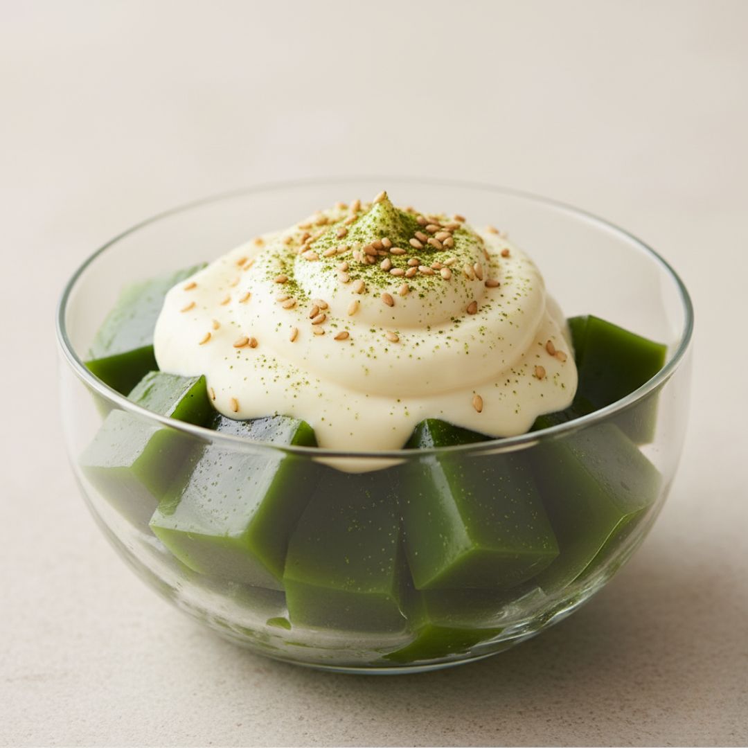 A clear glass bowl holding emerald green matcha kanten jelly cubes topped with a pale, silky yuzu coconut cream, lightly dusted with matcha powder and sprinkled with toasted sesame seeds