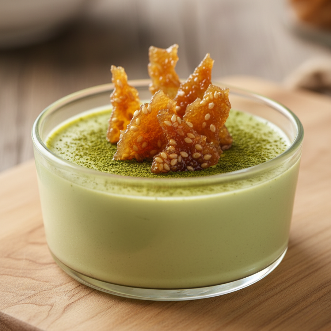 A pale green matcha panna cotta in a small glass ramekin topped with shards of golden sesame brittle and a light dusting of matcha powder.