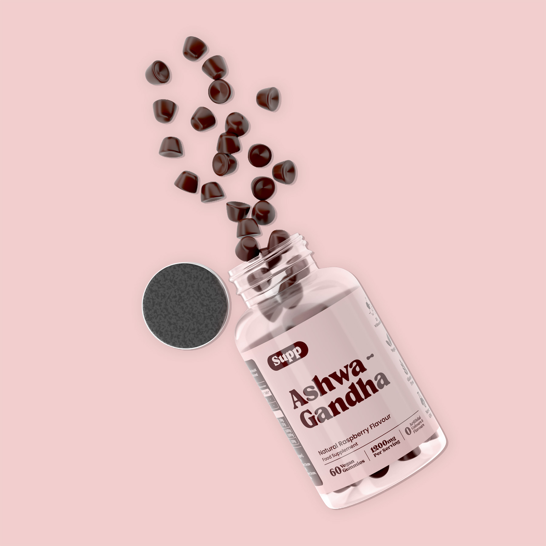 Supp Montmorency Cherry Extract laid on marble table with capsules next to it