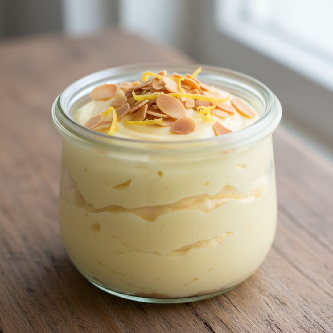 single glass dessert pot filled with creamy pale-yellow lemon cheesecake, topped with a few toasted flaked almonds and fresh lemon zest.