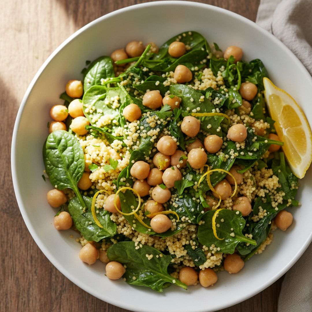A lemon chickpea and spinach couscous salad in a shallow white bowl, vibrant green spinach, golden couscous, whole chickpeas, flecks of parsley and lemon zest.