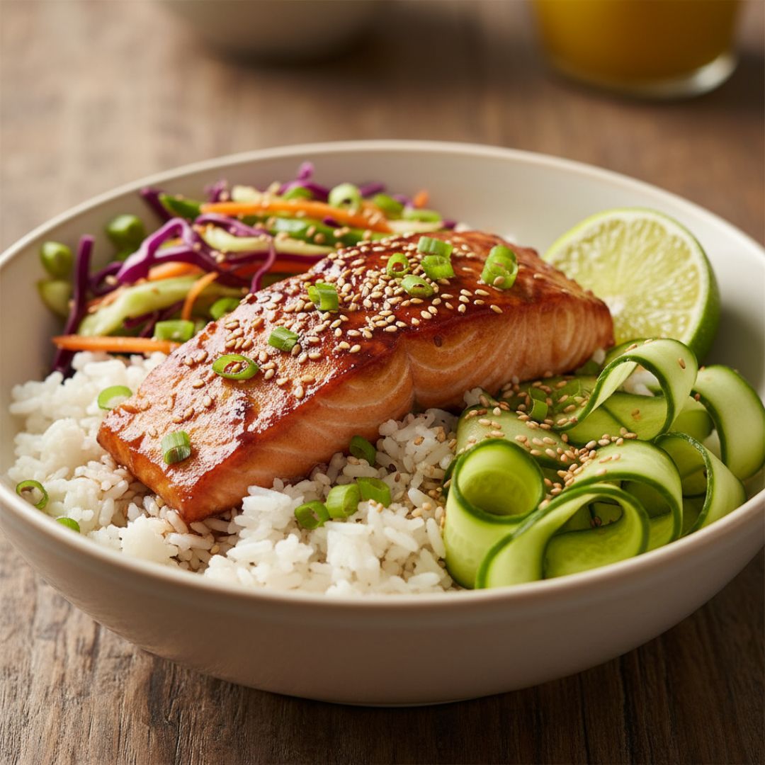 Glossy miso-ginger glazed salmon fillet on a mound of white short-grain rice, shredded cabbage and carrot slaw, cucumber ribbons.