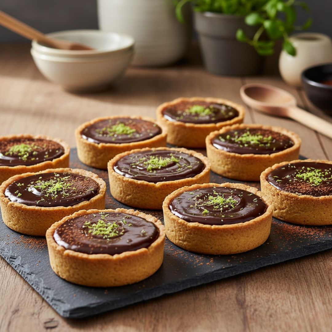 Eight no-bake Mexican chocolate lime tartlets on a slate board. Each tartlet has a crisp golden biscuit base and a glossy dark chocolate-lime ganache, finished with fine lime zest and a light dusting of cocoa.