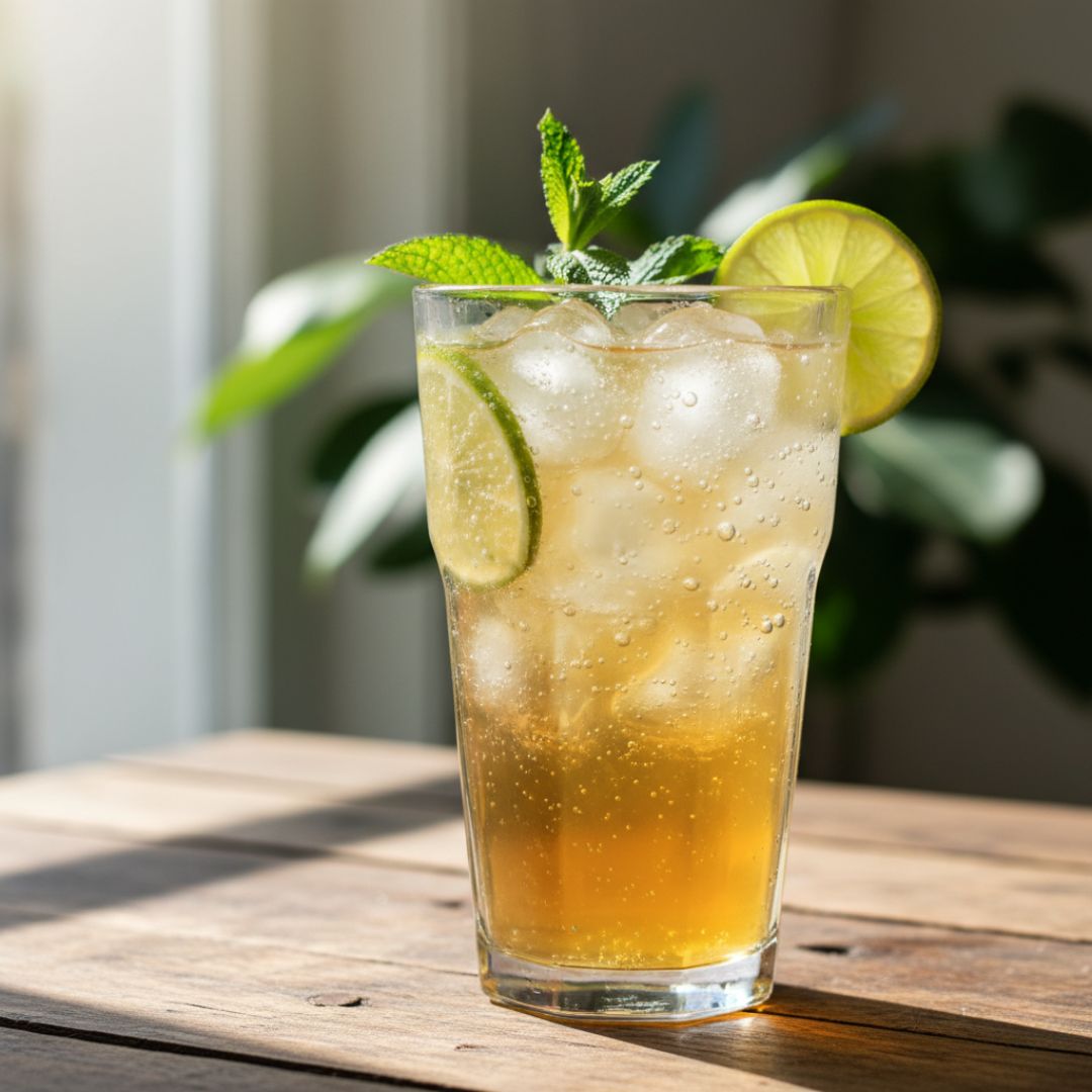 A glass of passion fruit and lime mint spritz on a wooden table.